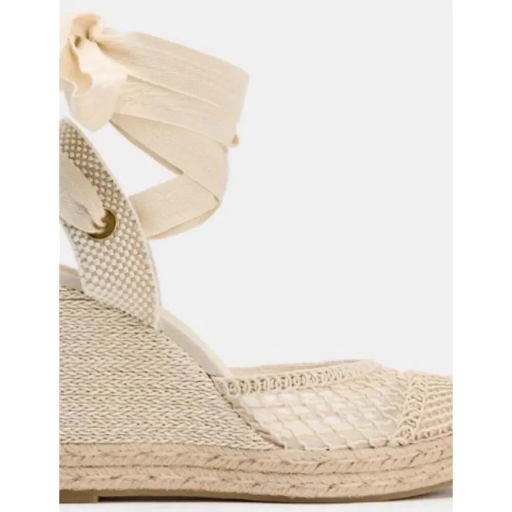 Zara Woven Mesh Jute Espadrille Wedges - Cream / Beige (Size 8)